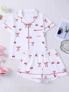 Women's 2-Piece Cherry & Bow Print Pajama Set Pjs, White Short Sleeve Top with Red Piping, Small Pocket & Elastic Waist Shorts, Cute Sweet Lapel Loungewear Homewear, Soft Breathable All-Season Casual Sleepwear for Ladies