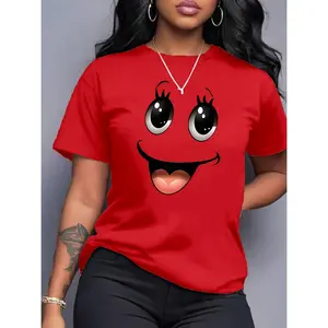 Playful Cartoon Face Print Women's Casual Short Sleeve T-Shirt - Vibrant Red Round Neck Tee, Soft Breathable Fabric, Regular Fit for Spring Summer Fall, Machine Washable, Cute Shirts