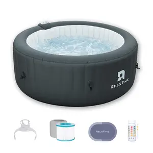 Relxtime 2-4 Person Portable Hottub, Inflatable Blow Up Hot Tub Spa Round Outdoor Hot Tub, 110 Bubble Air Jets, Cover, 2 Filter Cartridges, Black - LXY4002 FathersDayGift Water Exterior