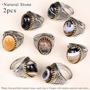 2pcs Ring Natural Stone Unique Design Fine Carved Vintage Large Ring Silvery
