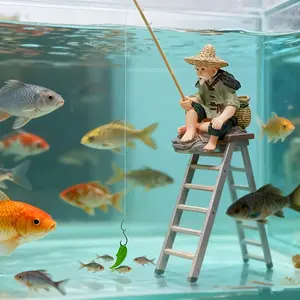 Fish tank decorative ornaments, large aquarium decorative resin character ornaments, large ginger Taigong fishing decoration, old man fishing small fisherman scene props by the river, fish tank accessories, durable materials.