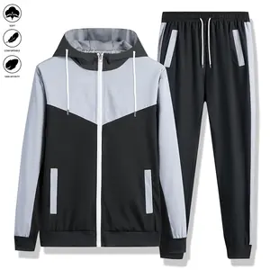 Men's 2-Piece Multi-Functional Casual Windbreaker Set - Polyester Fabric, Colorblock Design, Fitted Cut, Hooded Top, Quick-Drying, Soft, High Elasticity, Casual Pants, Multi-Size, Athleisure Wear, Suitable for Daily Leisure, Fitness