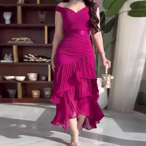 Women's Magenta Off - the - Shoulder Ruched Midi Dress with Ruffled Hem, Elegant Cocktail Dress for Parties & Special Events
