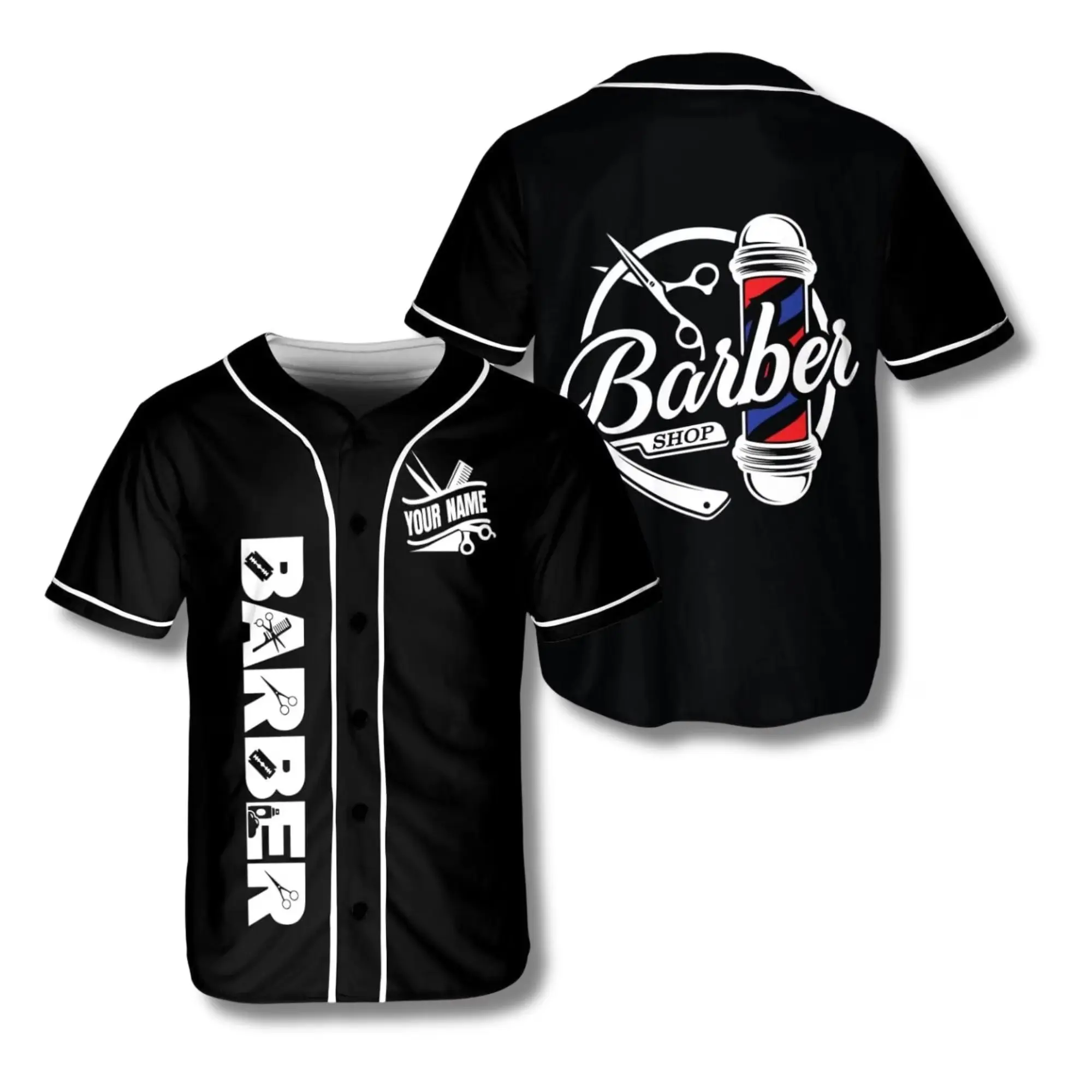 Personalized Barber Jersey Shirt, Black Button Up Baseball Style, Custom Name, Barber Shop Uniform