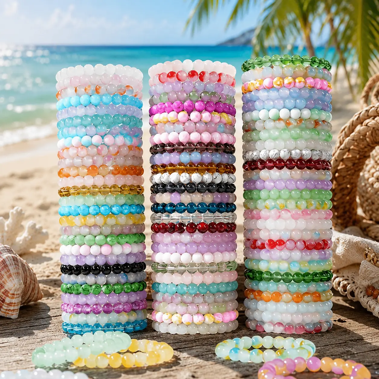 33Pcs 8mm Beaded Stretch Bracelet Handmade Round Glass Bracelet for Women Multicolor Beads Elastic Bracelet