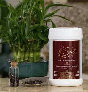 Soul Wipe Natural Hand Sanitizing Wipe Root Chakra Mediation Tool Made with Patchouli and Bergamot Essential Oils 100% Bamboo Small Crystals at bottom of canister aligned with  Root Chakra