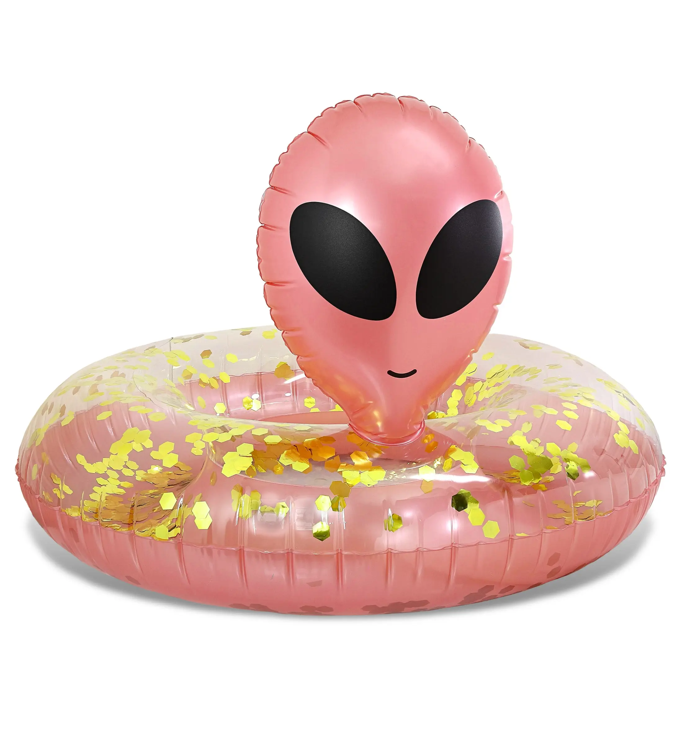 POZA Unisex Alien Inflatable Pool Float - 36in Rose Gold with Gold Confetti, Black Oval Eyes, Tear-Resistant UV-Resistant PVC Vinyl Water Toy for 4-6 Years (Age 4+), Adults, Beach Lake Accessory