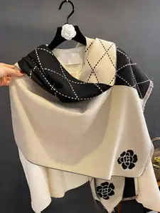 Women's High-End Light Luxury Camellia Imitation Cashmere Scarf, Fashion Black Evening Shawl, Elegant Soft Warm Winter Accessory, Textured Blanket Scarf