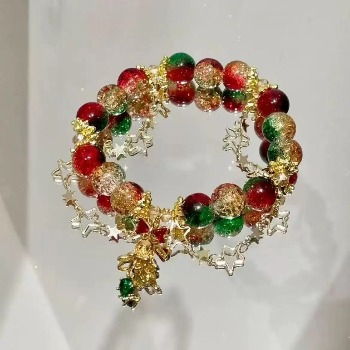 Chinese-Style Water Element Christmas Bracelet with Luili Beads, Festive Charms, Smooth Texture, Star Tree Motifs - Asian Religious Home Decor Accent for Adults, Gold Auspicious Daily New Beginnings Piece