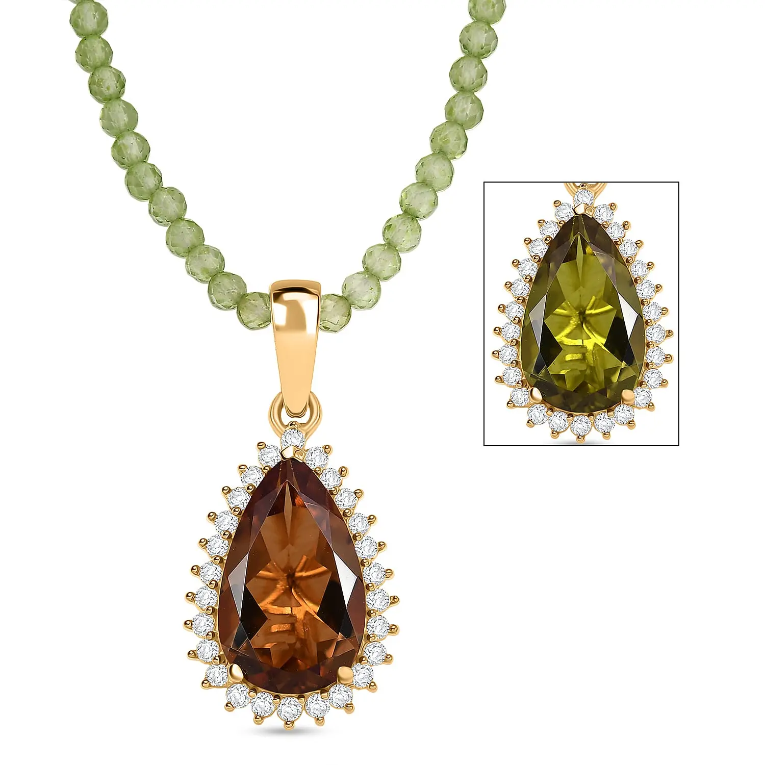 EverTrue Autumn Alexite, White Zircon Pendant with Peridot Beaded Necklace in 18K Yellow Gold Plated 35.60 ctw 20 Inhces