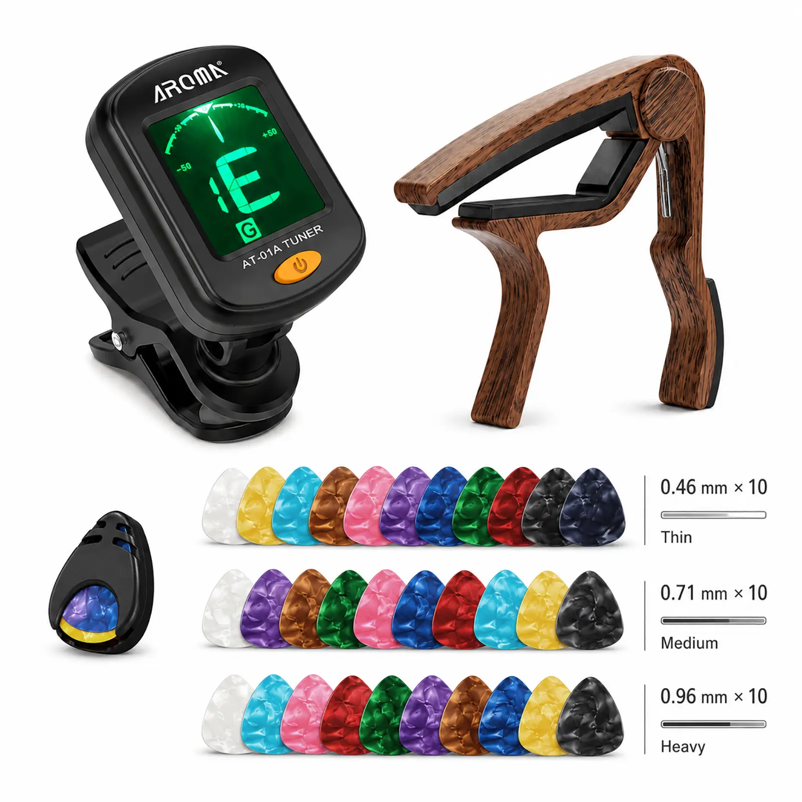 AROMA Guitar Accessories Set, Clip-On Chromatic Tuner + Wood Grain Guitar Capo, 30 Pcs Guitar Picks (0.46/0.71/0.96mm Thin/Medium/Heavy) with Pick Holder, for Acoustic Electric Guitar Ukulele Violin Bass Mandolin