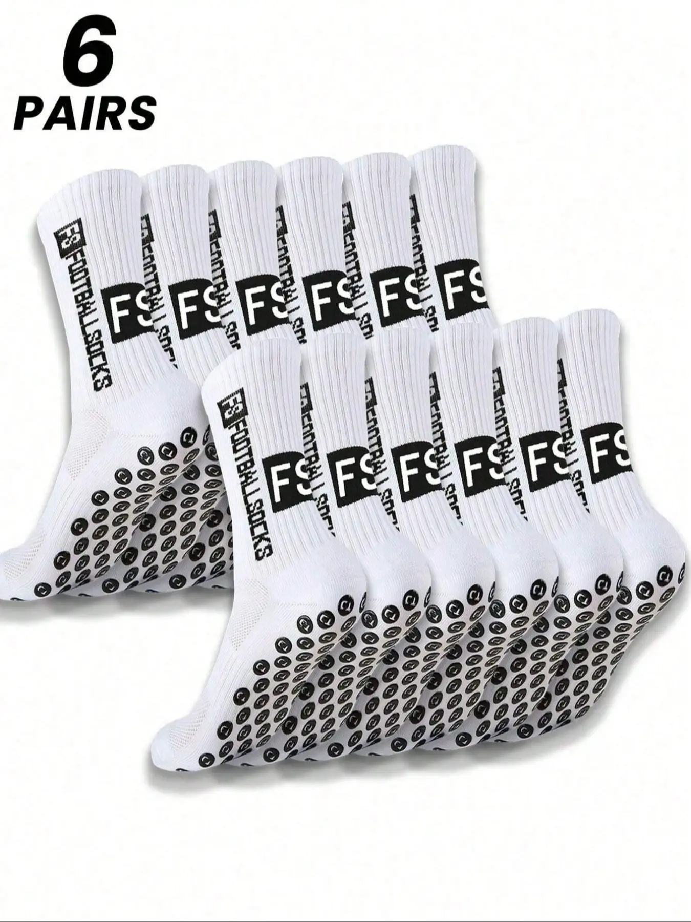 6 Pairs of Men's Mid-Calf Soccer Socks, Sports Socks, Black & White FS Letter Color Blocking + Silicone Grip Sole Mesh Ventilation Zones Moisture-Wicking & Quick-Dry Hardcore Athletic Style Game-Ready Performance