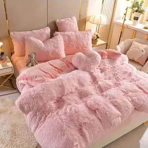 Luxury Soft Fluffy Bedding Set 4pcs Fluffy Plush Queen/King Bedding Set | 1 Duvet Cover + 1 Bed Sheet + 2 Pillowcases | All-Season Thermal Comfort for Home, Dorm, Hotel (Comforter Not Included, Vintage Bedding, Bedding Comforter Sets, Bed In A Bag