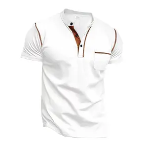 Men's Classic Contrast Stitching Short-Sleeve Henley Polo Shirt - Menswear Plain Top, Breathable Quick-Dry, Pocket Design, Casual Outdoor Summer Outfit, Father's Day Gift for Him