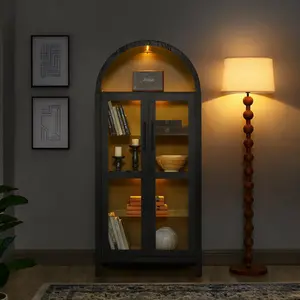 Niccae A high arched storage cabinet with a lamp, a modern retro-style wooden storage cabinet with adjustable glass partitions, suitable for use as a multi-functional cabinet in kitchens-Black