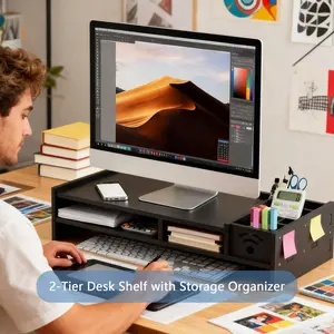 Desktop Computer Riser Monitor Stand Screen Base Holder, 2-Tier Desk Shelf with Storage Organizer, Adjustable Height Keyboard Tray, 2 Tier Ergonomic Shelf 4.3 Inch Height Desk Organizer for Home Office, Wooden Monitor Stand Riser