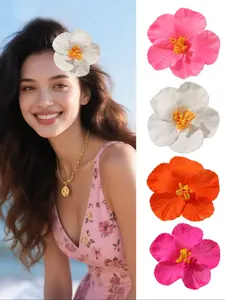 4/9 Pcs Women's Elegant Summer Casual Hibiscus Flower Design Hair Clip Set, Flower Hair Clips, Beach Vacation Tropical Flair Bohemian Plastic Hair Accessories