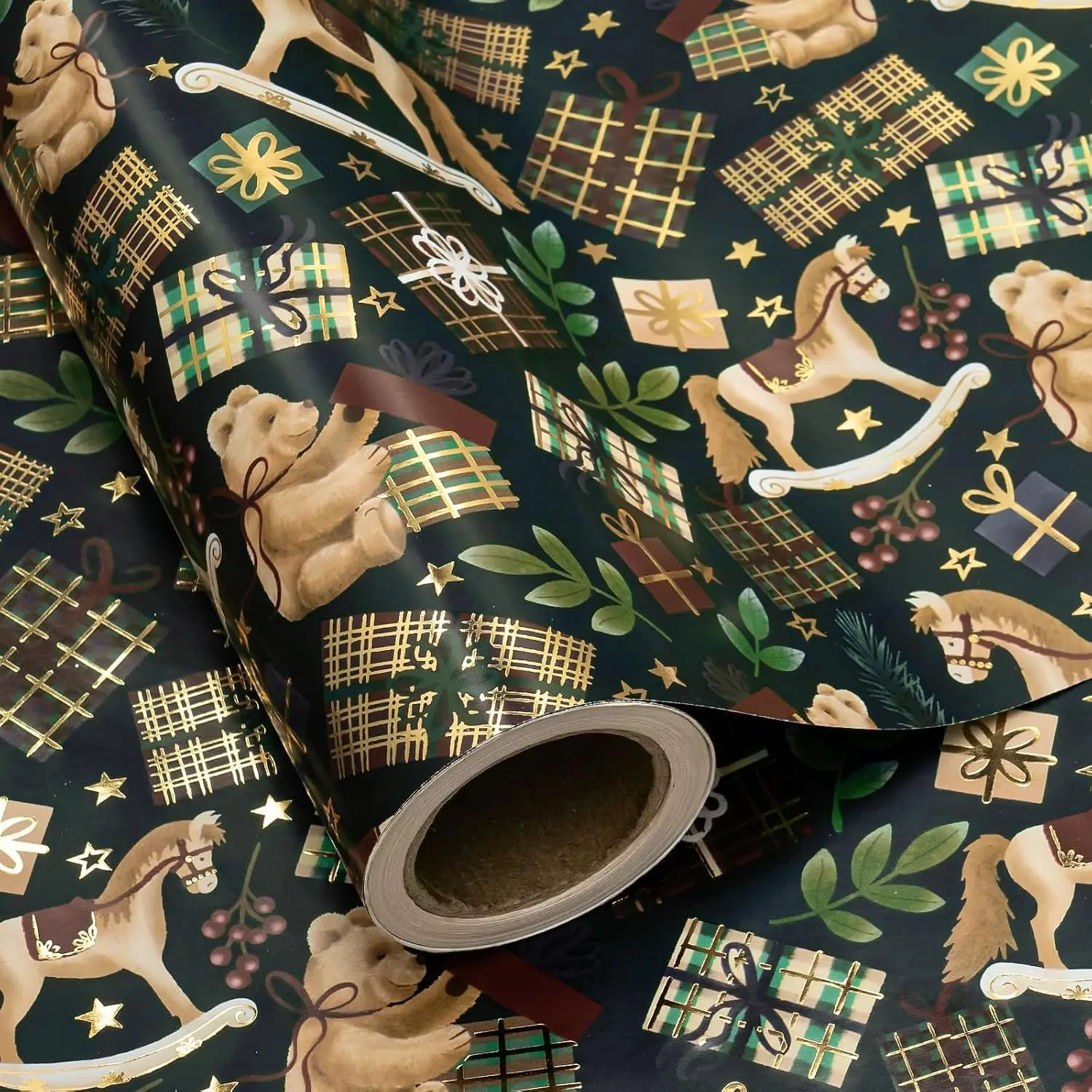 WRAPAHOLIC Christmas Wrapping Paper Roll, Classic Holiday Gift Wrap with Santa, Rocking Horse, Bow, Sports, Gaming Designs, Festive Xmas Paper for Kids, Family Gifts, 17 in x 16.5 ft