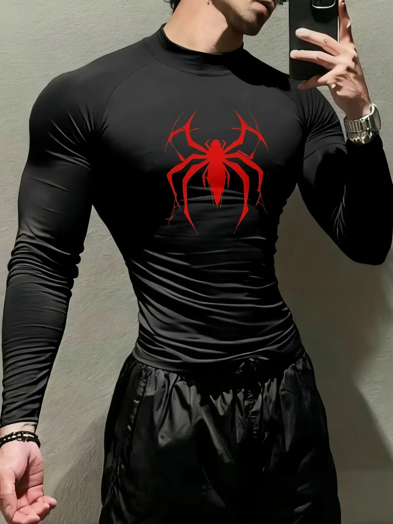 Men's Quick-Dry Stretch Fitness T-Shirt, Quick Dry Activewear, Spider Print Sportswear, High Neck Long Sleeve Compression Shirt, Moisture-Wicking, Ideal for Gym Workouts & Sports Performance, All-Season, Fitness Sport Top, Gym Tees