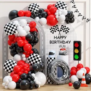 132Pcs Race Car Balloon Garland Kit with Checkered Flags, Tires & Red, Black, White Balloons
