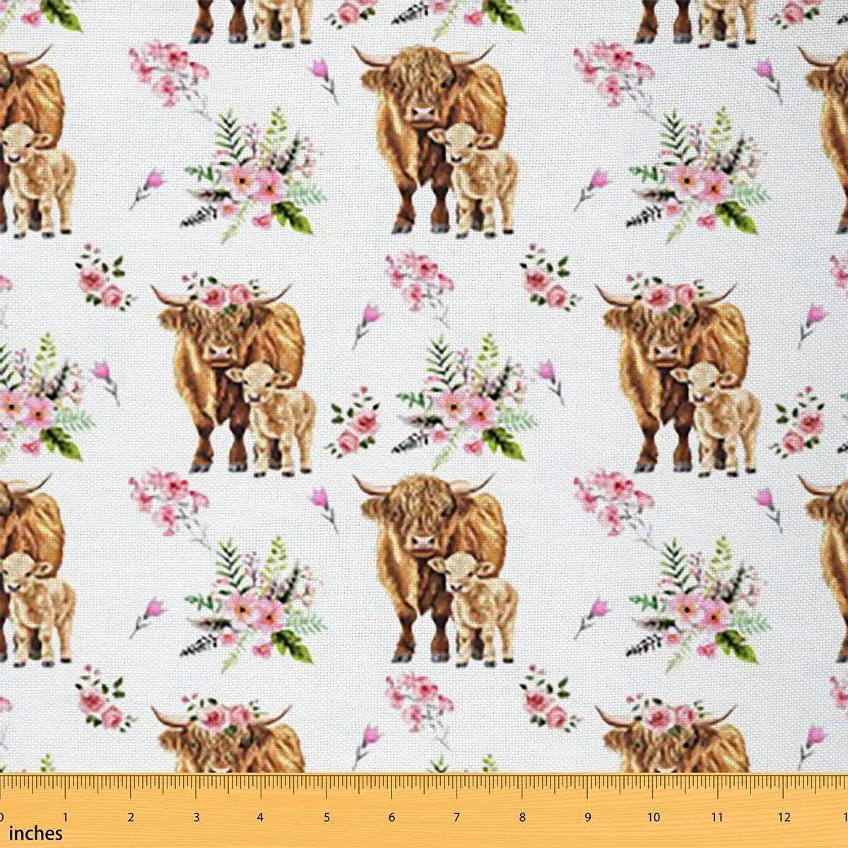 Highland Cow Fabric,Flower Bull Cattle Upholstery Fabric Chairs Sofa,Western Funny Animal Wildlife Farmhouse Cow Decorative Indoor Outdoor DIY Sewing,,White