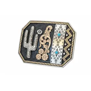 Blazin Roxx Cactus Turquoise Hook Western Belt Buckle - Southwest Theme, Black Background, Silver-Rose Gold Metal, Stone Accents, Fits Cowboy Cowgirl Belts (37942), Western Belts