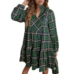 Asvivid Women's Plaid Mini Dress with Pockets Elegant Long Sleeve Frilly Collar Fashion Trend Cute Casual Dresses Spring Fall & Holiday Outfit Ideas Work to Weekend