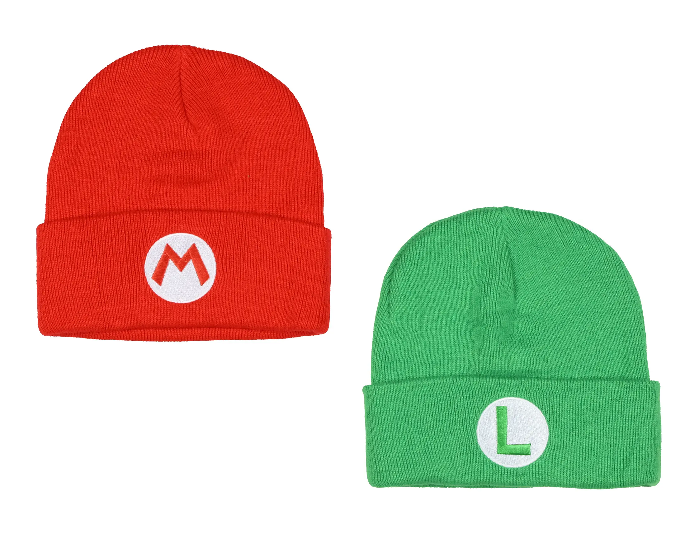Nintendo Beanie | Super Mario Bros. Mario and Luigi Embroidered Patch 2-Pack Knit Cuffed Cold Weather Beanie Set For Men and Women