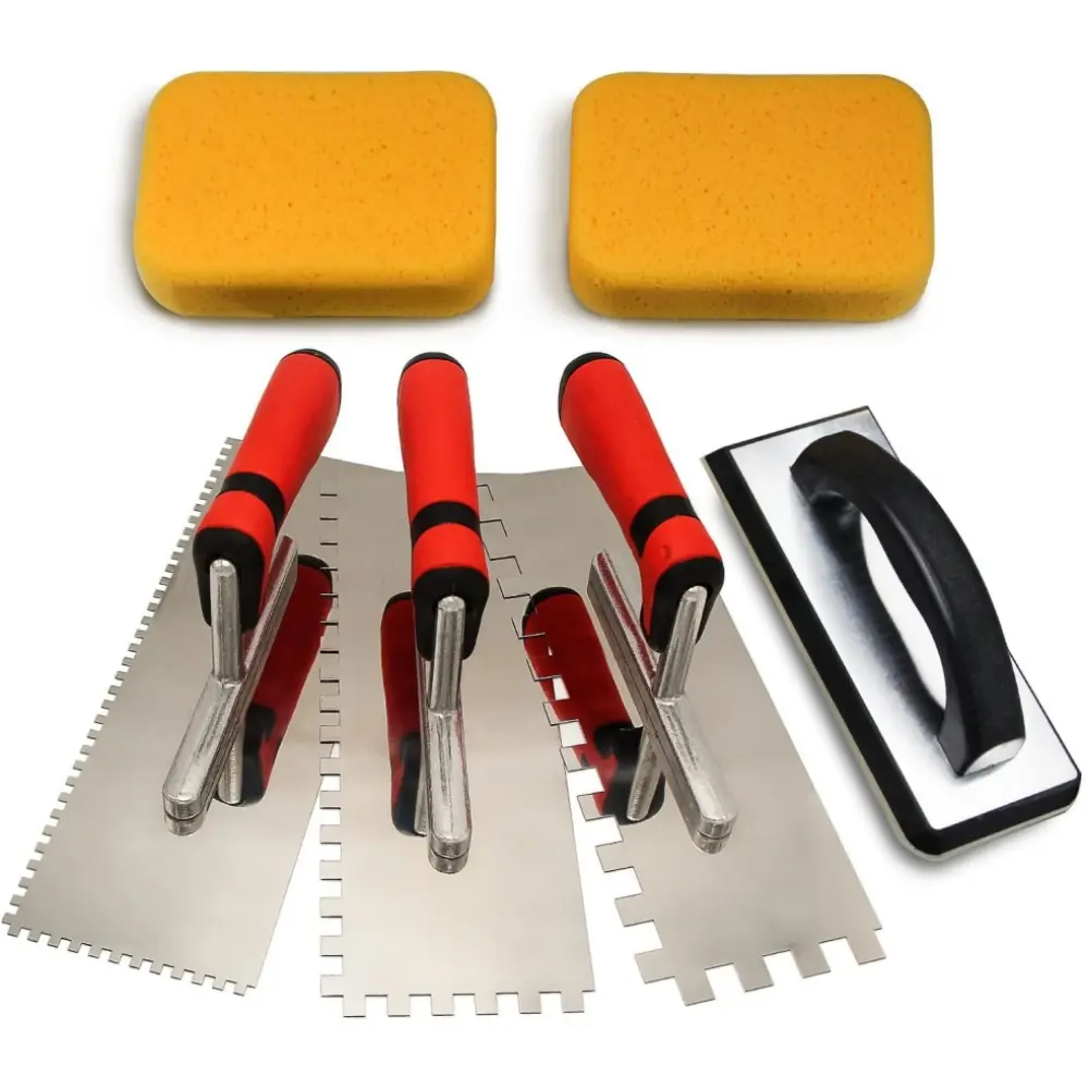 6PCS Stainless Steel Square Notch Trowel with Rubber Grout Float & Sponge - Professional Suitable for Flooring, Plastering, Grout Removal, Installation, Painters Trowels, Construction, Design