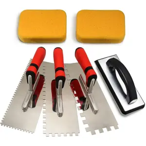 6PCS Stainless Steel Square Notch Trowel with Rubber Grout Float & Sponge - Professional Suitable for Flooring, Plastering, Grout Removal, Installation, Painters Trowels, Construction, Design