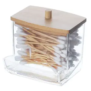Clear Cotton Swab Storage Box with Wooden Lid, 1 Count Bathroom Cotton Swab Holder, Home Organizer for Bathroom, Bedroom, Living Room, Bathroom Accessories Storage