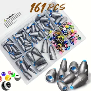 161Pcs/Box Worm Fishing Sinker Weights Kit with Soft Plastic Core, 3.5g-20g Mixed, 61 Bullet Lead Weights 100 Eye Beads Bait, Don't Hurt Line for Texas Rig Fishing