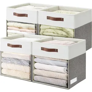 4 Pack Linen Foldable Storage Cubes (13 x 13 inch) Storage Bins with Clear Window and 2 Handles, Closet Organizers for Shelf Closet Clothes Books - Gray and White