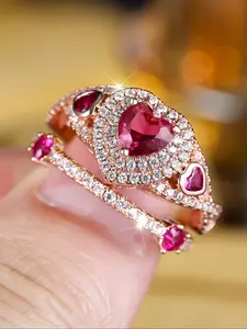 Luxury Imitation Ruby Heart Shaped Zircon Rings for Women, Stackable Engagement Ring Set, Wedding Ring Set, Daily Wear Jewelry Gift for Birthdays & Anniversariesfor Her, Cubic Zirconia Rings, Artificial Gemstone Ring, Anniversary Ring, Heart Design Ring