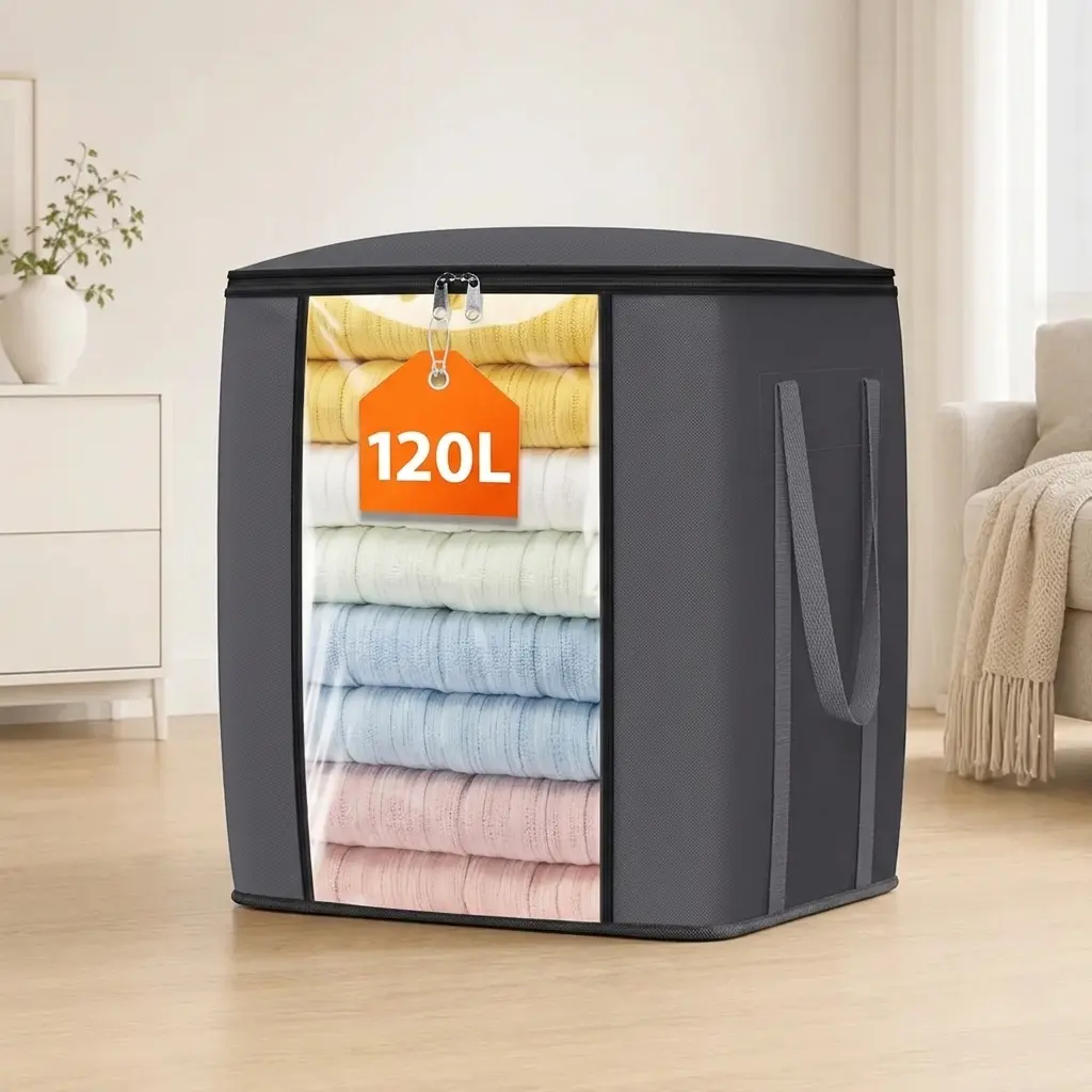 120L High-Capacity Fabric Organizer Bag with Reliable Zipper, Spacious Household Carryall for Bedding, Linens and Apparel, Ideal for Closet Storage and Moving Preparation