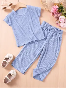 2Pcs Sets Girl's Solid Ribbed Tee & Bow Decor Pants Set, Toddler Casual Round Neck Short Sleeve T-Shirt & Trousers for Daily Wear, Kids Clothing, Baby Clothes Girl, Children for Summer