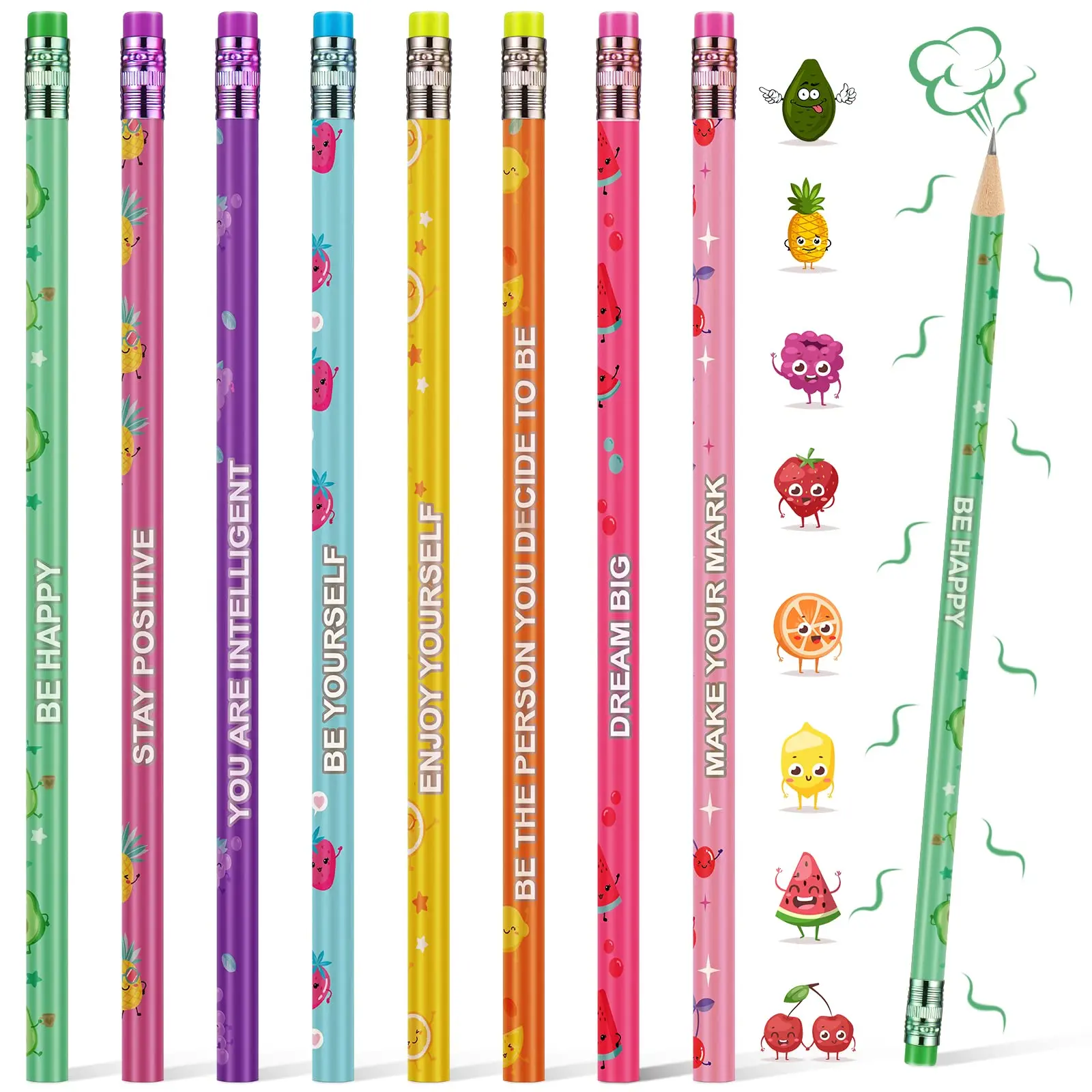30/60 Pcs Inspirational Pencils with Fruit Scented Back to School Gifts for Students Wooden Pencil with Erasers Positive Words, First Day Of School Teacher Appreciation Gifts Bulk Stationery Office Art Supplies Kindergarten Birthday Classroom Rewards