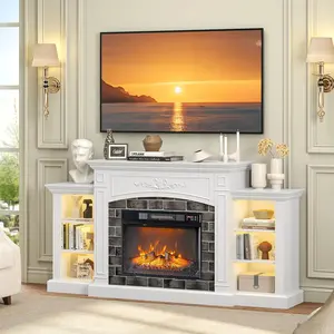 Fireplace TV Stand for up to 80 inch TVs, Electric Fireplace with Mantel, Modern Entertainment Center with LED Light, TV Console Table with Adjustable Shelves, Living Room  Bedroom, White