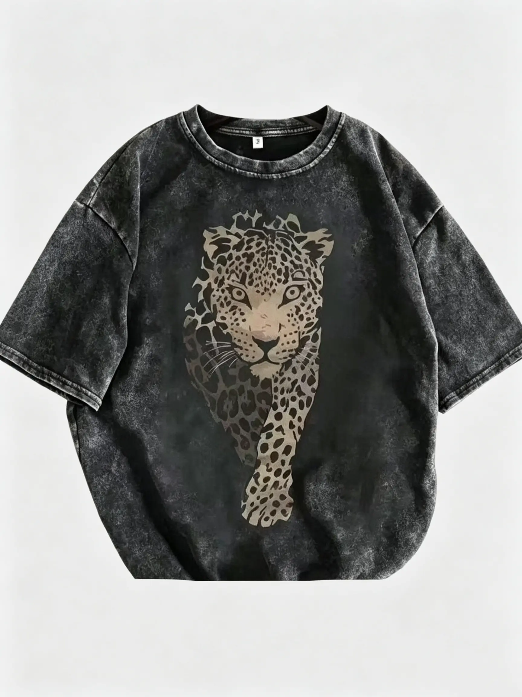Leopard Print Women's Vintage Washed Cotton T-Shirt - 230g Heavy Cotton, Crew Neck Short Sleeve, Retro Street Style, Machine Washable, Loose Fit Casual Tee for Spring & Summer Fashion Fabric