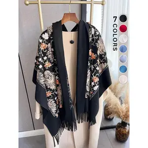 2024 New Style Floral Pattern Tassel Decor Shawl, Casual Soft Warm Floral Embroidered Scarf for Fall & Winter, Fashion Accessories for Women & Men Dainty Gift for Your Love