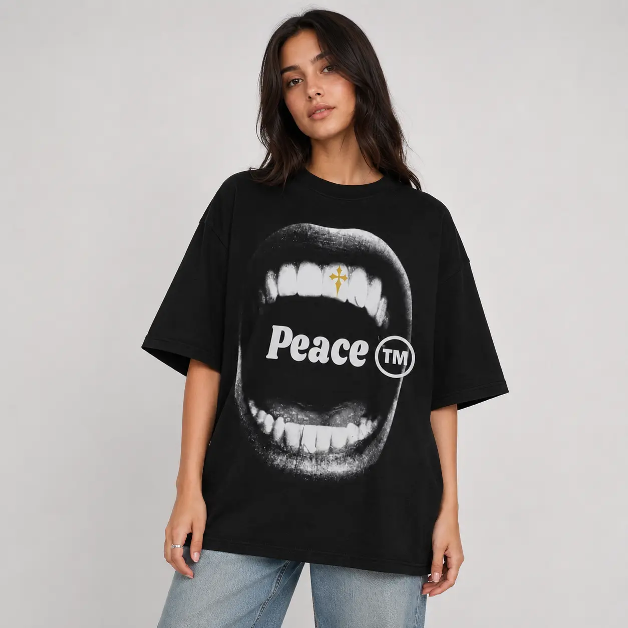 Vintage Bold Statement Peace Graphic T-shirt with Artistic Mouth Print Graphic Tee, Sweatshirt, Hoodie Gift For Women Top Womenswear Underwear Cotton Printed Summer Casual Crewneck graphic tees Round Neck Shortsleeve