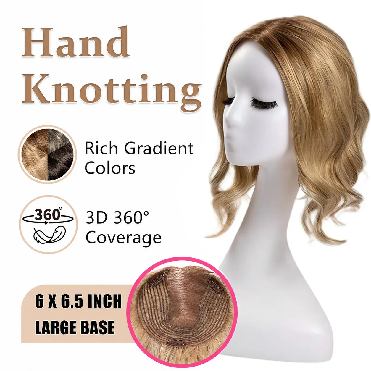 EC 14In Wavy Hair Toppers for Thinning Hair – 6"x6.5" Hand-Knotted Lace Base with 3 Anti-Slip Clips, Natural Wavy Style, Instant Grey Coverage & Full Volume, No Glue Needed, Breathable & Comfortable for All-Day Wear at Work or Social Events
