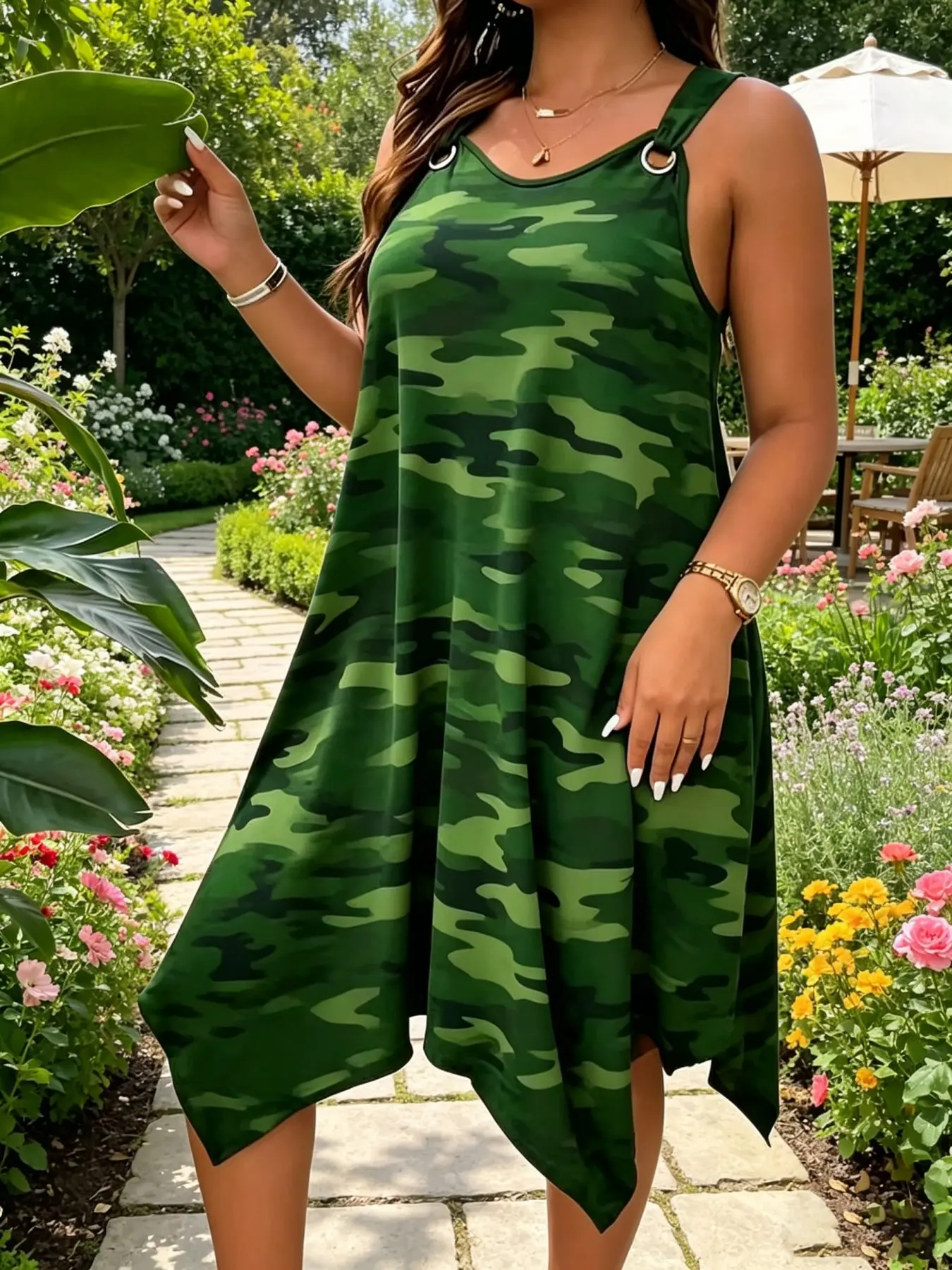Elegant A-Line Sleeveless Dress for Women, Womenswear, Wide Strap Camouflage Print, Asymmetrical Hem, Perfect for Daily Casual Party Wear, Summer, Casual Summer Sundresses
