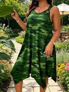Elegant A-Line Sleeveless Dress for Women, Womenswear, Wide Strap Camouflage Print, Asymmetrical Hem, Perfect for Daily Casual Party Wear, Summer, Casual Summer Sundresses