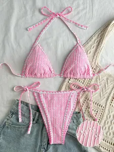 Two-Piece Set Women's Striped Floral Pattern Bikini Set, Casual Swim Bra & Swim Bottom, Ladies Swimsuit for Beach Holiday Vacation