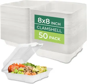 FRESHWARE 8x8” Solid Bamboo Clamshell Food Containers (50 Pack) - Heavy-Duty Disposable To-Go Boxes for Business, Birthday, Leak-Resistant, Microwave-Safe, Compostable, Eco-Friendly, Plant-Based