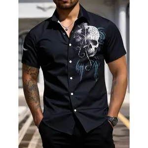 Men's casual short-sleeve shirt with a skull pattern and front buttons, suitable for summer wear