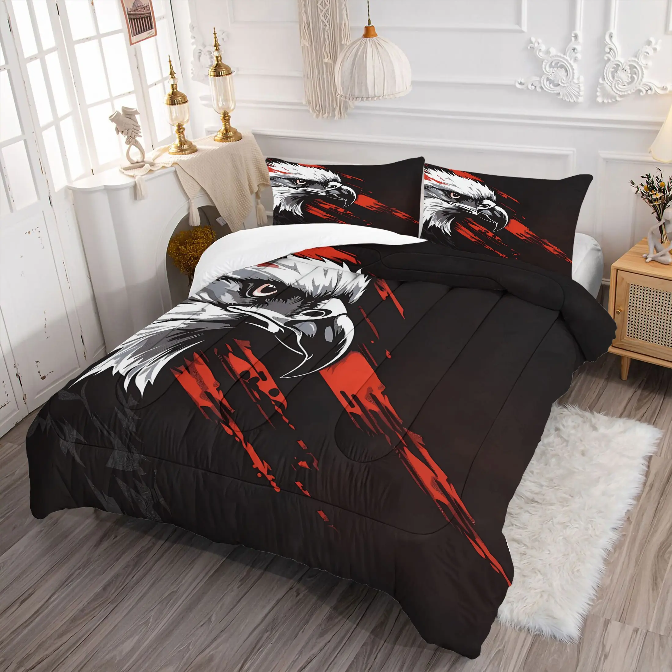 2/3PCS Bold Bald Eagle Comforter Set, Red Brushstroke Quilt, Soft Microfiber Bedding Set with Pillowcase, Patriotic Eagle Print Bed Set for Men, Modern Bedroom & Dorm Decor