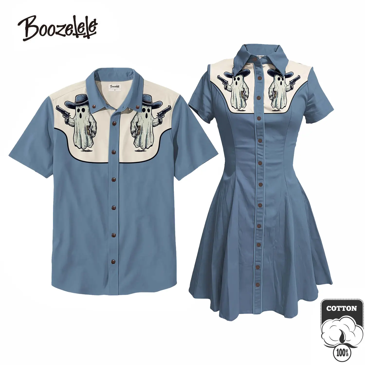 BOOZELELE Couple's Matching Set, Casual Western Ghost Cowboy Print Dress and Shortsleeve Buttondown Shirt, 100% Cotton Clothes, Women, Lady