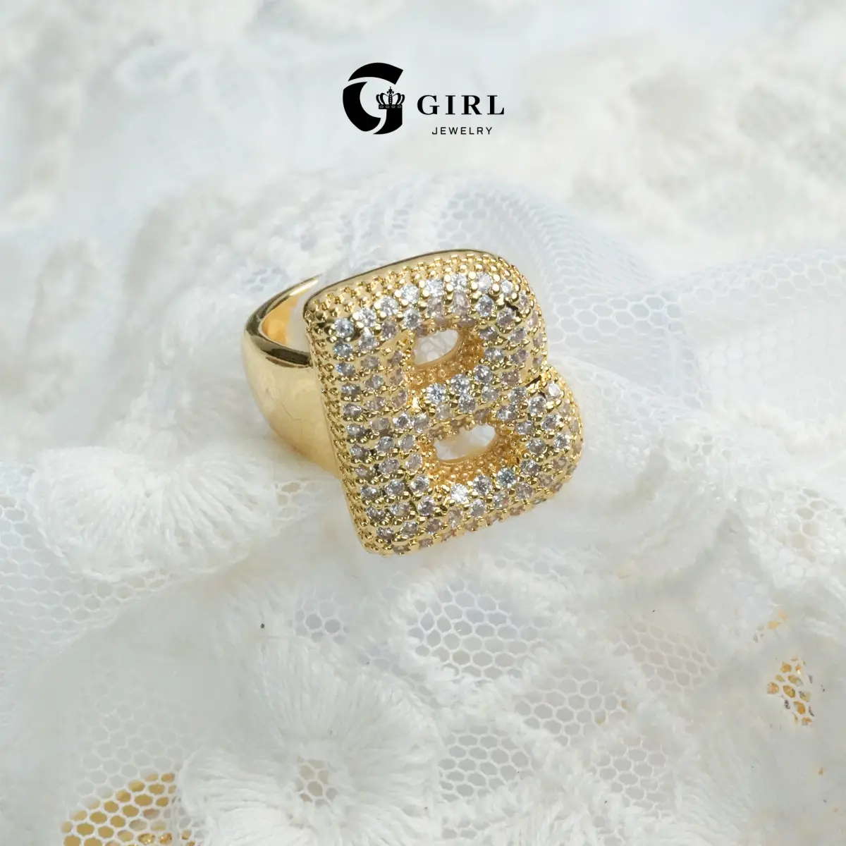 GGIRL Bubble Golden Initial Rings Artificial Zircon inlay for Women&Men Chunky Golden Rings Bubble A-Z Alphabet Ring Adjustable Rings for Women Zircon Open Letter Ring